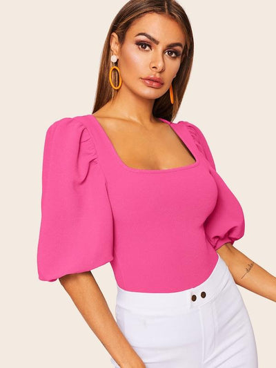 Neon<b style="color:White;"><font size="1"> -</font></b>Orange<b style="color:White;"><font size="1"> -</font></b>Square Neck Puff Sleeve Top