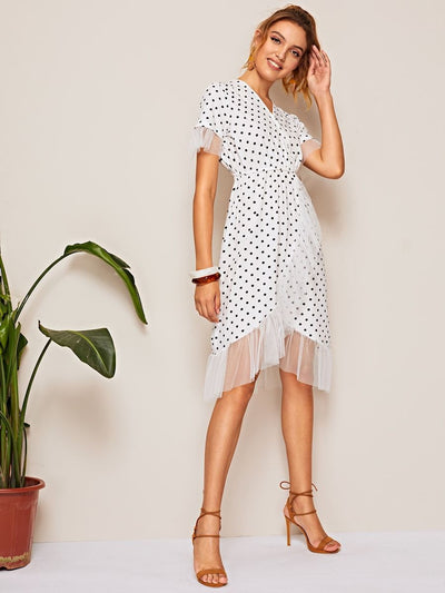 Surplice<b style="color:White;"><font size="1"> -</font></b>Polka<b style="color:White;"><font size="1"> -</font></b>Dot Mesh Panel Dress