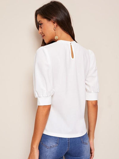 Keyhole<b style="color:White;"><font size="1"> -</font></b>Back<b style="color:White;"><font size="1"> -</font></b>Mock-neck Puff Sleeve Top