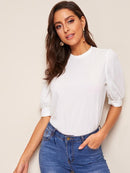 Keyhole<b style="color:White;"><font size="1"> -</font></b>Back<b style="color:White;"><font size="1"> -</font></b>Mock-neck Puff Sleeve Top