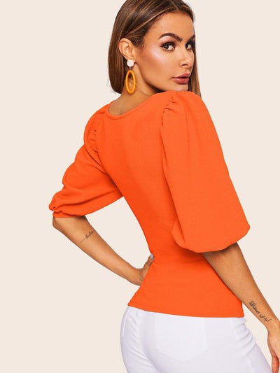 Neon<b style="color:White;"><font size="1"> -</font></b>Orange<b style="color:White;"><font size="1"> -</font></b>Square Neck Puff Sleeve Top