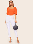 Neon<b style="color:White;"><font size="1"> -</font></b>Orange<b style="color:White;"><font size="1"> -</font></b>Square Neck Puff Sleeve Top