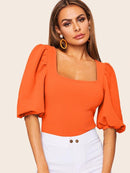 Neon<b style="color:White;"><font size="1"> -</font></b>Orange<b style="color:White;"><font size="1"> -</font></b>Square Neck Puff Sleeve Top