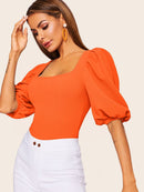 Neon<b style="color:White;"><font size="1"> -</font></b>Orange<b style="color:White;"><font size="1"> -</font></b>Square Neck Puff Sleeve Top