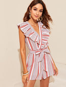 Ruffle<b style="color:White;"><font size="1"> -</font></b>Trim Belted Striped Wrap Romper