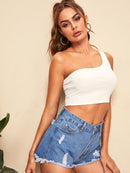 One<b style="color:White;"><font size="1"> -</font></b>Shoulder Rib-knit Crop Top