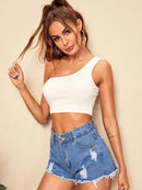 One<b style="color:White;"><font size="1"> -</font></b>Shoulder Rib-knit Crop Top