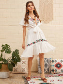 Flower<b style="color:White;"><font size="1"> -</font></b>Embroidered<b style="color:White;"><font size="1"> -</font></b>Flounce Hem Knotted Dress