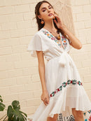 Flower<b style="color:White;"><font size="1"> -</font></b>Embroidered<b style="color:White;"><font size="1"> -</font></b>Flounce Hem Knotted Dress