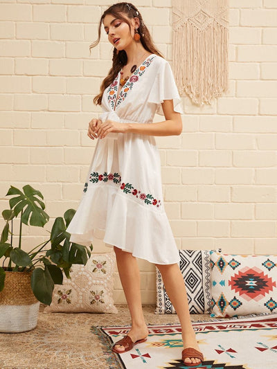 Flower<b style="color:White;"><font size="1"> -</font></b>Embroidered<b style="color:White;"><font size="1"> -</font></b>Flounce Hem Knotted Dress