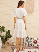 Flower<b style="color:White;"><font size="1"> -</font></b>Embroidered<b style="color:White;"><font size="1"> -</font></b>Flounce Hem Knotted Dress