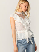 Ruffle<b style="color:White;"><font size="1"> -</font></b>Trim<b style="color:White;"><font size="1"> -</font></b>Split<b style="color:White;"><font size="1"> -</font></b>Back Mesh Yoke Swiss Dot Top