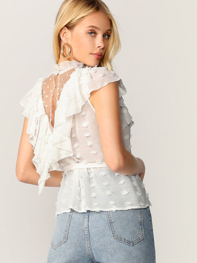 Ruffle<b style="color:White;"><font size="1"> -</font></b>Trim<b style="color:White;"><font size="1"> -</font></b>Split<b style="color:White;"><font size="1"> -</font></b>Back Mesh Yoke Swiss Dot Top