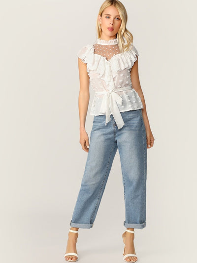 Ruffle<b style="color:White;"><font size="1"> -</font></b>Trim<b style="color:White;"><font size="1"> -</font></b>Split<b style="color:White;"><font size="1"> -</font></b>Back Mesh Yoke Swiss Dot Top