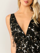 Plunging<b style="color:White;"><font size="1"> -</font></b>Crisscross<b style="color:White;"><font size="1"> -</font></b>Backless Sequin Fringe Dress