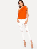 Asymmetrical<b style="color:White;"><font size="1"> -</font></b>Flounce<b style="color:White;"><font size="1"> -</font></b>Trim Knot One Shoulder Top