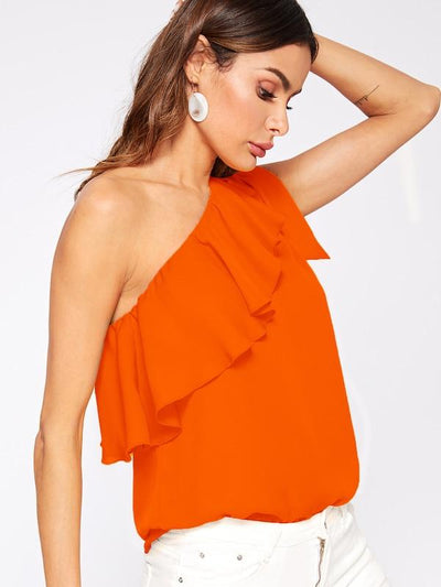 Asymmetrical<b style="color:White;"><font size="1"> -</font></b>Flounce<b style="color:White;"><font size="1"> -</font></b>Trim Knot One Shoulder Top