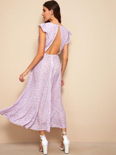 Ditsy<b style="color:White;"><font size="1"> -</font></b>Floral<b style="color:White;"><font size="1"> -</font></b>Ruffle Detail Slit Chiffon Dress