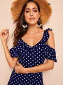 Ruffle<b style="color:White;"><font size="1"> -</font></b>Cold<b style="color:White;"><font size="1"> -</font></b>Shoulder Polka Dot Dress