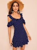 Ruffle<b style="color:White;"><font size="1"> -</font></b>Cold<b style="color:White;"><font size="1"> -</font></b>Shoulder Polka Dot Dress