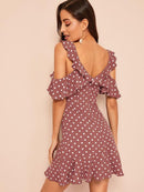 Ruffle<b style="color:White;"><font size="1"> -</font></b>Cold<b style="color:White;"><font size="1"> -</font></b>Shoulder Polka Dot Dress