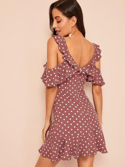 Ruffle<b style="color:White;"><font size="1"> -</font></b>Cold<b style="color:White;"><font size="1"> -</font></b>Shoulder Polka Dot Dress