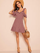 Ruffle<b style="color:White;"><font size="1"> -</font></b>Cold<b style="color:White;"><font size="1"> -</font></b>Shoulder Polka Dot Dress