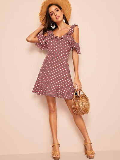 Ruffle<b style="color:White;"><font size="1"> -</font></b>Cold<b style="color:White;"><font size="1"> -</font></b>Shoulder Polka Dot Dress