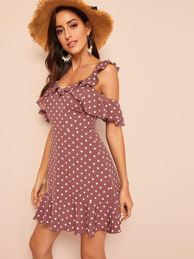 Ruffle<b style="color:White;"><font size="1"> -</font></b>Cold<b style="color:White;"><font size="1"> -</font></b>Shoulder Polka Dot Dress