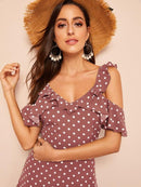 Ruffle<b style="color:White;"><font size="1"> -</font></b>Cold<b style="color:White;"><font size="1"> -</font></b>Shoulder Polka Dot Dress