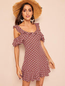 Ruffle<b style="color:White;"><font size="1"> -</font></b>Cold<b style="color:White;"><font size="1"> -</font></b>Shoulder Polka Dot Dress