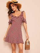 Ruffle<b style="color:White;"><font size="1"> -</font></b>Cold<b style="color:White;"><font size="1"> -</font></b>Shoulder Polka Dot Dress