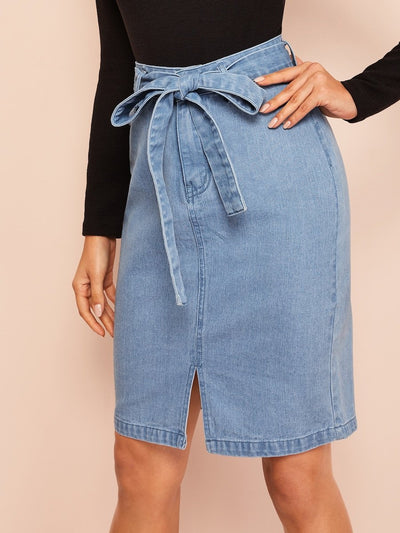 Slit<b style="color:White;"><font size="1"> -</font></b>Front Belted Denim Skirt