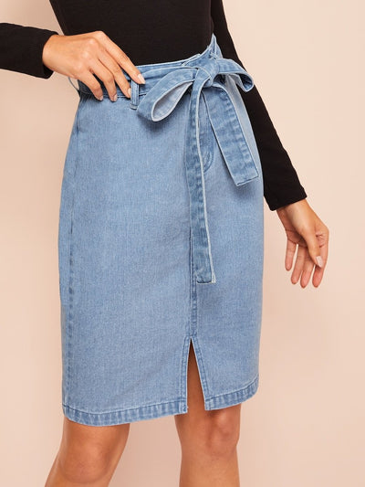 Slit<b style="color:White;"><font size="1"> -</font></b>Front Belted Denim Skirt