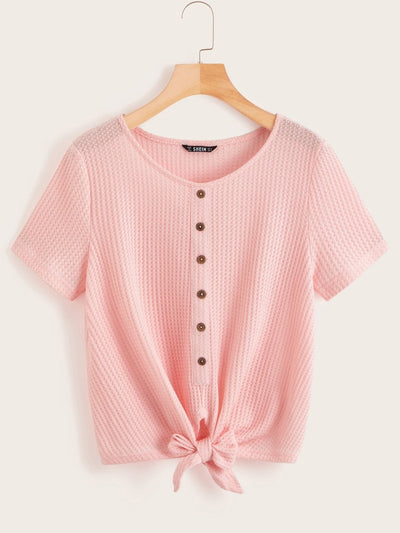 Button<b style="color:White;"><font size="1"> -</font></b>Front<b style="color:White;"><font size="1"> -</font></b>Knot Hem Waffle Knit Tee