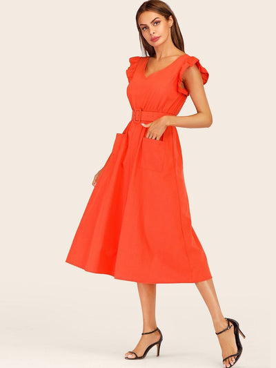 Neon<b style="color:White;"><font size="1"> -</font></b>Red<b style="color:White;"><font size="1"> -</font></b>Butterfly Sleeve Belted Dress