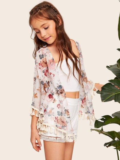 Girls<b style="color:White;"><font size="1"> -</font></b>Open Front Floral Print Kimono