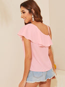 Asymmetrical<b style="color:White;"><font size="1"> -</font></b>Neck Ruffle Overlay Top