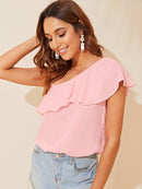 Asymmetrical<b style="color:White;"><font size="1"> -</font></b>Neck Ruffle Overlay Top