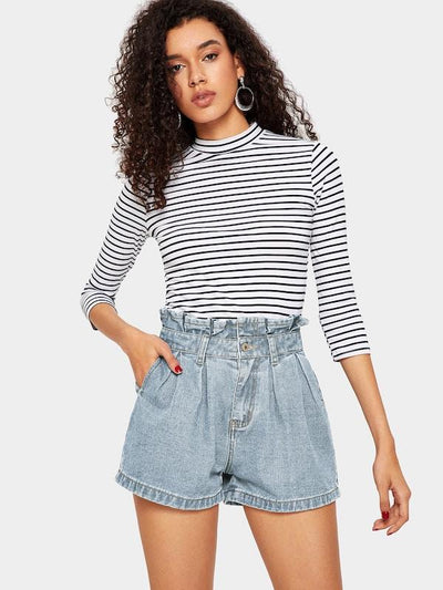 Ruffle<b style="color:White;"><font size="1"> -</font></b>Waist<b style="color:White;"><font size="1"> -</font></b>Slant Pocket Denim Shorts