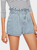 Ruffle<b style="color:White;"><font size="1"> -</font></b>Waist<b style="color:White;"><font size="1"> -</font></b>Slant Pocket Denim Shorts