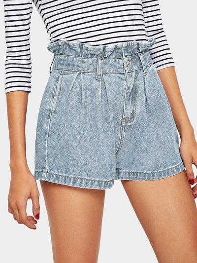 Ruffle<b style="color:White;"><font size="1"> -</font></b>Waist<b style="color:White;"><font size="1"> -</font></b>Slant Pocket Denim Shorts