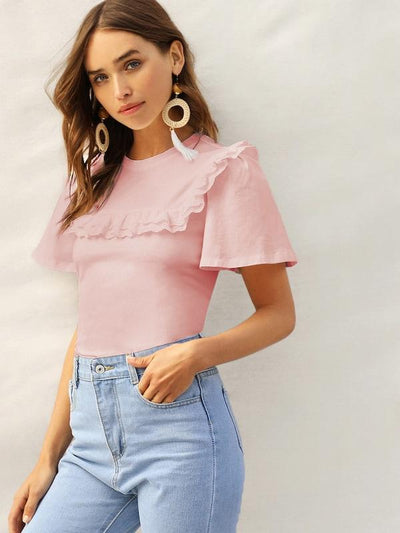 Layered<b style="color:White;"><font size="1"> -</font></b>Eyelet<b style="color:White;"><font size="1"> -</font></b>Embroidered Ruffle Solid Tee