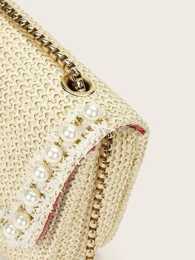 Faux<b style="color:White;"><font size="1"> -</font></b>Pearl<b style="color:White;"><font size="1"> -</font></b>Decor Flap Crossbody Bag