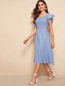 Striped<b style="color:White;"><font size="1"> -</font></b>Shirred Butterfly Sleeve Dress