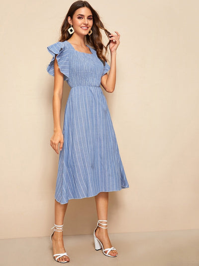 Striped<b style="color:White;"><font size="1"> -</font></b>Shirred Butterfly Sleeve Dress