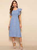 Striped<b style="color:White;"><font size="1"> -</font></b>Shirred Butterfly Sleeve Dress