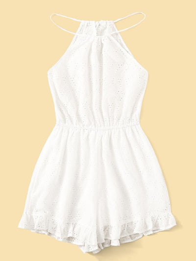 Eyelet<b style="color:White;"><font size="1"> -</font></b>Embroidery<b style="color:White;"><font size="1"> -</font></b>Ruffle Hem Halter Playsuit