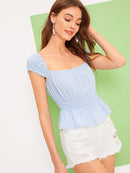 Elastic<b style="color:White;"><font size="1"> -</font></b>Waist<b style="color:White;"><font size="1"> -</font></b>Lace Trim Cuff Peplum Top