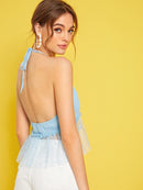 Backless<b style="color:White;"><font size="1"> -</font></b>Knot<b style="color:White;"><font size="1"> -</font></b>Front<b style="color:White;"><font size="1"> -</font></b>Mesh Ruffle Hem Halter Top